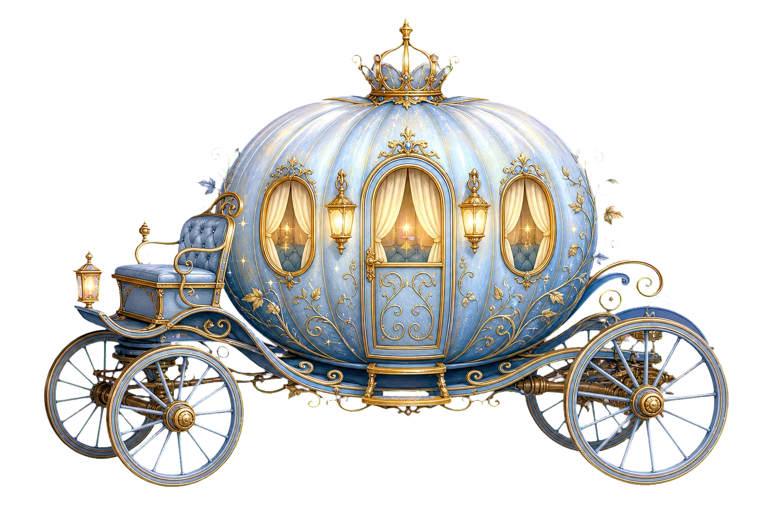 An ornate blue and gold Cinderella carriage